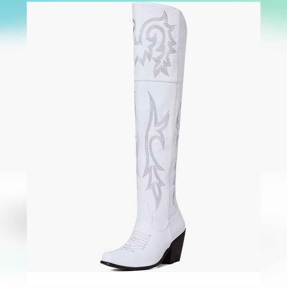 Vomira White Embroidered Knee-High Western Boots 9.5